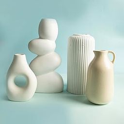 The White Space Living Elegant and Aesthetic Set of Four White and Beige Vases - Pebble Vase, Ribbed Vase, Jug Vase & D Shaped Vase-1