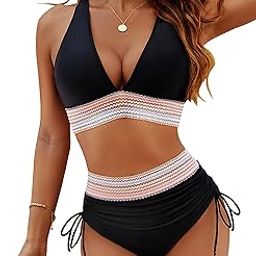 Women High Waisted Bikini Sets Tummy Control Swimsuits Color Block Two Piece Drawstring Bathing Suit-image-2