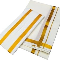 TRADITIONAL SOUTH INDIAN WEAR MENS COTTON 4-MULAM WHITE DHOTI WITH GOLD ZARI BORDER WITH DOUBLE BORDERED ANGAVASTRAM (2.00 METER, SINGLE PIECE)-24
