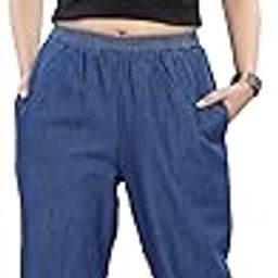 Cotton Denim Trouser/Pant for Women Blue Color with Elastic Waist and 2 Pockets-image-13