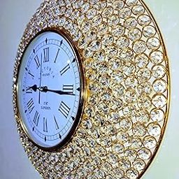 HOMEDECO Decorative Crystal Wall Clock Hanging Metal Analog Fancy Diamond Beads in Roman Number Home Decor Items Luxury Home Living Room (Golden 42x20.32cm)-26