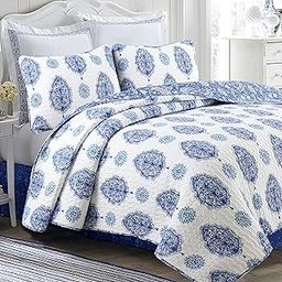 Cozy Line Home Fashions 100% Cotton Paisley Leaf Medallion Navy Blue White Reversible Quilt Bedding Set, Bedspread, Coverlet Lightweight for All Seasons (Classic Block, Queen-3 Piece)-image-45