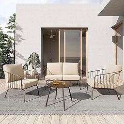 PATIO STREET Patio Furniture Set, Outdoor Furniture with Thick Cushion Sofa and Coffee Table, Outdoor Bistro Set, Modern Patio Conversation Set for Balcony (Brown & Beige -4 Seater)-7