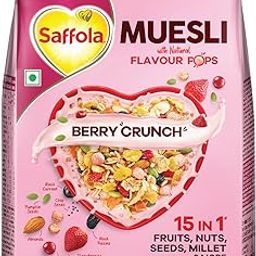 Saffola Muesli Berry Crunch with Flavour Pops, 185 gm | 15 in 1 Fruit and Nuts, Seeds, Millet & more | Cereals for breakfast rich in wholegrain, protein, fibre-image-13