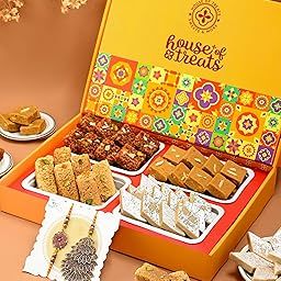 House of Treats® Rakhi For Brother and Bhabhi with Sweets Milk Cake Kaju Katli Dodha Barfi Chana Badam Barfi 200g each Raksha Bandhan Gift For Brother Bhaiya Bhabhi Rakhi Set with Roli & Rice-image-36