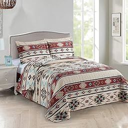 Rustic Striped Southwestern Quilt Stitched Western Bedspread Bedding Set with Beige Brown Burgundy Turquoise Tribal Native American Patterns - Colorado (Full / Queen)-picture-5