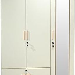 DREAM DEAL Modern 3 Door Wooden Wardrobe with Mirror | 2 Drawers, Hanging Rod & Shelves | Bedroom Almirah with Lockable Storage | Cream & Oak Finish-image-50
