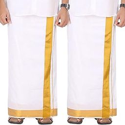 Solid White Double Layer Dhoti With Golden Jari Border dhoti for mens (1.26 X 3.60 METER) 2 Inch Jari Border (8 Mulam)-image-31