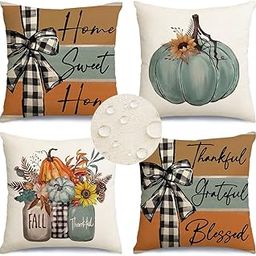 Waterproof Home Sweet Home Thankful Grateful Blessed Aqua Pumpkin Fall Outdoor Pillow Covers 18x18 Set of 4 Thanksgiving Decorations for Home Autumn Decorative Throw PillowCases for Patio Couch-image-2