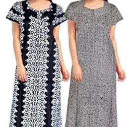 Permium Combo Cotton Long Half Sleeve Printed Nighty for Women-Black-Red-image-120