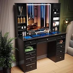 Mann Mart‚Lighted Vanity Desk with Spacious Glass Top, 9 Drawers & Crystal Knobs - Perfect for Makeup & Home Organization-image-65