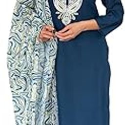 Women Elegant Petrol Blue Embroidered Kurta Set with Printed Dupatta & Matching Pants | Premium Cotton Blend Straight Kurti for Casual-image-2
