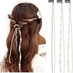 CHIROGRAPHY 3 Pcs Premium Faux Pearl beads strands Hair Clip In Hair Braiding clips Long Hair Extension Hair Chain DIY Accessories Fashion Hair Band Hair Accessories for Women Girls (White)-image-5