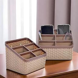 Kuber Industries Plastic Multi-Purpose Compact Desk Storage Organizer| Stationary Box |Plastic Cosmetics|Make Up Organizer Container, Pack of 2 (Brown)-14