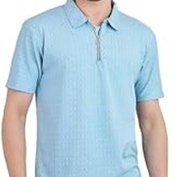 Waffle Knit Regular Fit Half Sleeves 100% Cotton Polo Neck Self Design with Zip T-Shirt for Men-image-1