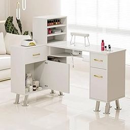 SHIPLORD®L-Shaped Nail Tech Station with Dust Collector, Spacious Cabinets & Drawers for Efficient Manicures-image-38