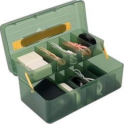 Massmot Plastic Cable Organizer Box With Handle, Double Layers Desktop Data Cable Organizer Box With Lid, Cable Management Box With 11 Compartments For Stationery Office, Home, Desk (Green)-picture-25