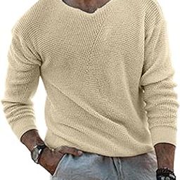 Men's V-Neck Long Sleeved Pullover Sweater Casual Waffle Warm Pullover Top Textured Long Sleeve Knit Sweatshirt-image-38