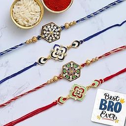 eCraftIndia Set of 4 Multicolor Semi Precious Rakhis with Roli Chawal Pack and Best Bro Ever Fridge Magnet - Rakhi for Brother, Bhaiya, Bhai-image-96