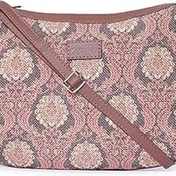 Jodhpur Damask Motif Printed Women Jute Vegan Leather Brown Moon Sling Bag With Zip Closure-21