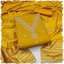 Woman's Chanderi Work Unstitched Salwar Suit Dress Material, Banarasi Jequard Dupatta (Free Size)-image-71