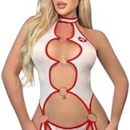 Hotline Nurse Fantasy Cut-Out Bodysuit Lingerie|Medium Black and Red. (Black and Red, M)-image-4