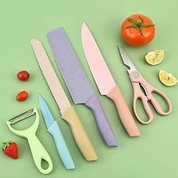 PEPONZ 6 - Piece Colorful Kitchen Knife Set | High-Carbon Stainless Steel | Includes Scissors & Peeler | Chef’s Knife, Slicer, Meat Knife & More (Multicolor)-image-71