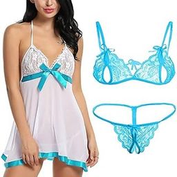 Women’s Net Lace Babydoll Lingerie Set of Midi/Nighty/Nightgown with Panty, Sexy Sleepwear Sling Dress Set Combo Pack of 1-picture-22