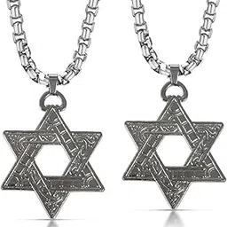 uniqon (Pack Of 2 Pcs Unisex Silver Plated Stainless Steel Hexagram Shape Dual Side 6 Point Star Of David Magical Scosha Star Amulet Design Pendant Necklace Locket With Box Chain-picture-5