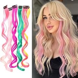 Colorful Curly Clip-In Hair Extensions for Women & Girls, Vibrant Streaks in Pink, Green, Yellow, Synthetic Wavy Hair Pieces for Party, Cosplay, Daily Styling, Easy to Use, 3 Pcs - Multicolor.-image-63