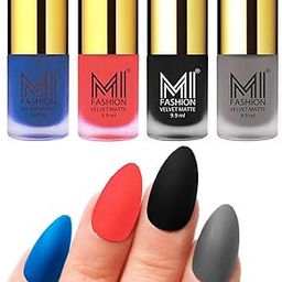 MI FASHION Velvet Matte Lacquer Nail Paint Sets Water Resistant 9.9ml Navy Blue, Neon Orange, Black, Grey (Pack Of-4)-image-96