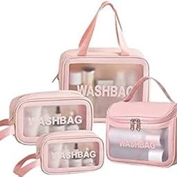 Salepush Cosmetic Wash Bag Set Makeup Pouch Travel Transparent Toiletry Wash Bag with HandleWomen and Men (3 pcs Combo-1 Hanging wash Bag -Pink)-image-38