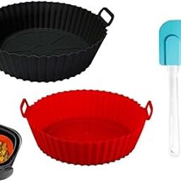 Black and Red Round Silicone Air Fryer Tray with Ear Handles | Nonstick & Heat Resistant + Oil Brush & Spatula-image-83