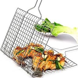 ONPRIX Portable Barbecue Mini Grill Net Basket Stainless Steel Roast Grilling Tray Chromium Plated with Heat-Resistant Removable Wooden Handle for Fish, Vegetables, Steak, Shrimp, Chips and Other Food-image-54