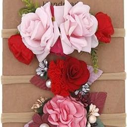 SYGA 3 Pcs Baby Headband, Flower Stretchable,Pearl Nylon HairBand for Newborn Infant Toddlers Kids 0-3 Year- Rose Red-image-44