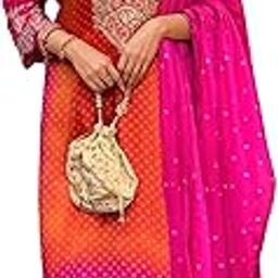 Women's Rayon Viscose Straight Bandhani Embroidered Kurta with Pant & Dupatta-picture-7