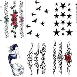 10PCS. Temporary Tattoo Stickers of Crown, Birds, Stars, Mermaid, Peacock Feather, Rose Flower, Text, Butterfly Mix Designs For Girls And Women Size 10.5x6CM Multi Color-22