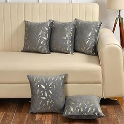 Foil Printed Velvet 120 TC Cushion Cover 16 X 16 Inches, Set Of 5(Grey)-20