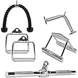 AH Gym Attachment Handle - V Shaped Handle, Rowing Handle, Straight Bar, D Handles Pair & Triceps Rope | Gym Machine Attachments with Textured Grip, Silver Chrome Finish Pack of 5 Handle s-24