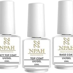 NPAH No Wipe Shiny & Matte Top Coat and Base Coat Combo of 3Pcs - Shine Finish Long Lasting, Soak-Off UV/LED Nail Lamp Cured Gel 15ml/each Nail Art Design Manicure Gifts for Women ( pack of 3 top coat base coat matt top coat )-picture-56