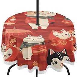 Wajiw 60 Inch Indoor Outdoor Round Tablecloth with Umbrella Hole and Zipper Waterproof Patio Table Cover for Camping Dining Room Party Outdoor Picnic,Cats-image-79