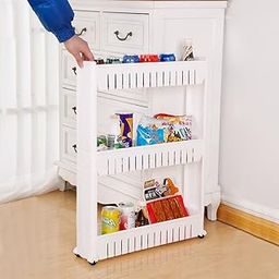 JIGVA Multilayer Space Saving Storage Organizer Rack Shelf with Moving Wheels, Slim Slide Out Kitchen Trolley Rack for Kitchen, Bathroom, Bedroom.(3 Layer)(Color:- White)(Size:- 54x12x72 cm)(Plastic)-10