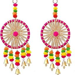 PARTY HONCHOOS Multicolored Gota Pom Pom Dream Catchers with Bell Diwali Decoration, Indian Wedding Decor, Mehndi Decor, Bollywood Theme Party, Holi Party (Pack of 3)-image-12