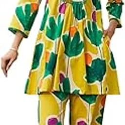 amazon brand - anarva Women's Pure Cotton Floral Printed Co-Ord Set |Top and Pant Set | Relaxed Fit | Bright Yellow & Green Botanical Design-picture-13