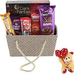 SFU E Com Dairy Milk Silk With Creamy Dark Fantasy Gift Pack | Valentine Heart Teddy Bear With Chocolate Combo | Valentine Chocolate Hamper | 824-60
