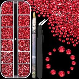 3600pcs Glass Red Nail Rhinestones 6 Sizes(1.8/2/2.4/2.8/3/4mm) Flatback Crystal Nail Charms Jewels Decoration for Nail Art and Crafting, Tweezer and Pickup Pen Included-image-12