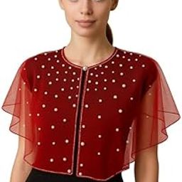 RABBA Women's Red Net Pearl & Beaded Capelet Shrug | Golden Beads, White Pearls | Festive Poncho Cape for Sarees, Suits & Blouses-image-2