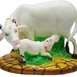 Poly Resin Decorative White Cow with Calf Showpiece Cow showpieces for Home Decor Cow Calf Idol for Home kamdhenu Cow Idol (12.5 cm x 7.5 cm x 7.5 cm, White Green)_-picture-17