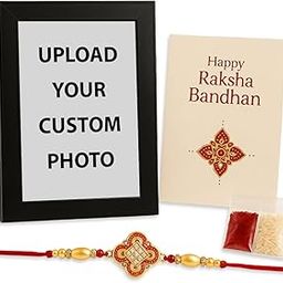 Fairus CUSTOMIZED Photo Frame with Rakhi Gift Set, 10 x 15 cm Black Frame, Greeting Card, Roli Chawal-20
