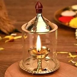 Crinikle Brass and Glass akhand deep Diya with Cover for Puja | Deepam Jyot Diya Oil Lamp | Pooja Articles and Pooja Items for Home Temple 5 inch-image-98